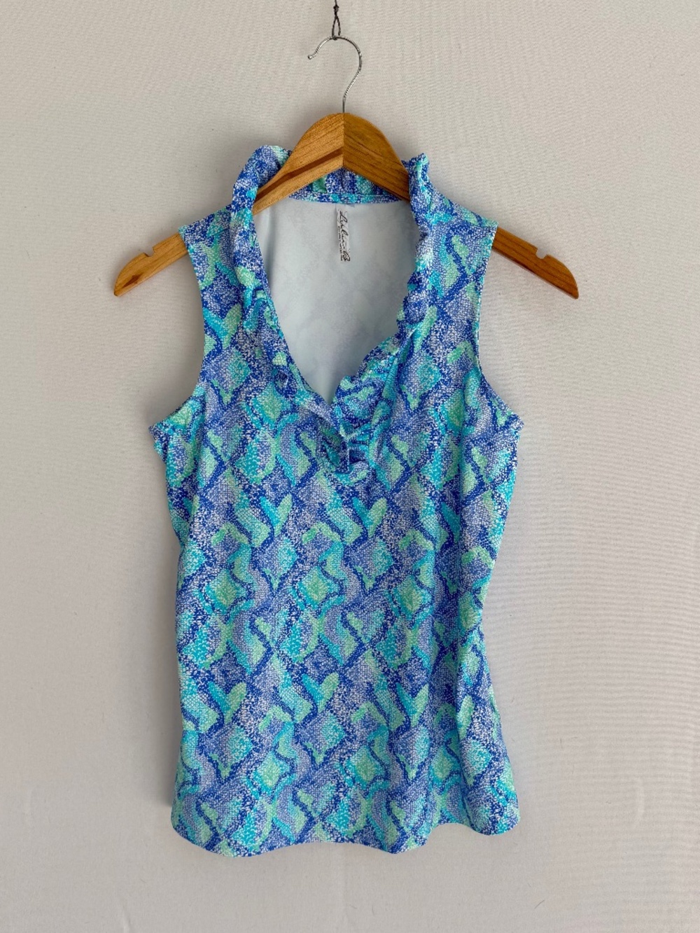LULU-B Women’s Small Blue Tropical Print Ruffle Neck UPF 50+ Tank Top